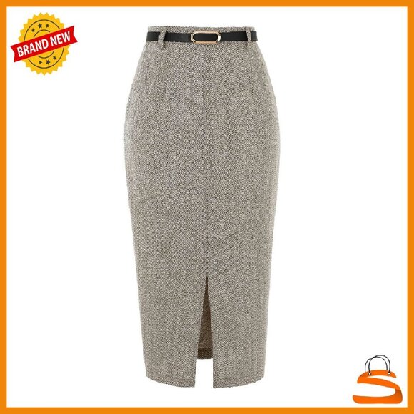 Dresses & Skirts - High Waisted Midi Pencil Skirt with Slit & Belt - Office Work Wear